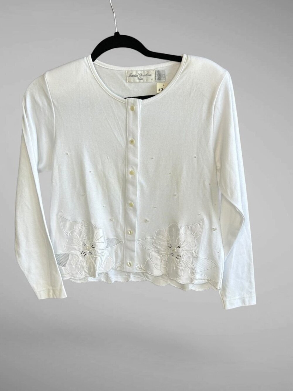 Marisa Christina White Top Button Front Floral Appliqué Beaded NWT Small Petite
